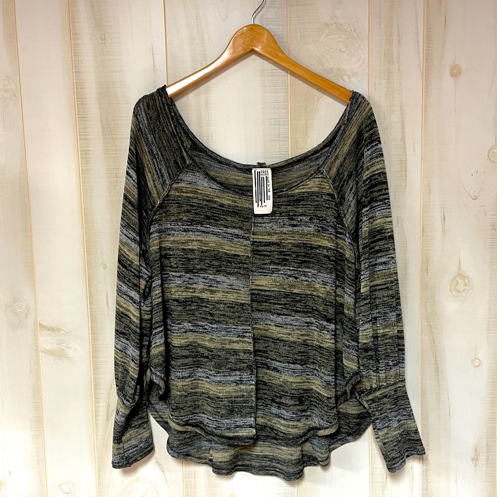 Free People Linen Blend Black Grey Tan Off The Shoulder High-Lo Top Sz XS Stripe
